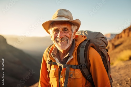 Smiling portrait of a happy senior man hiker hiking in the forests and mountains
