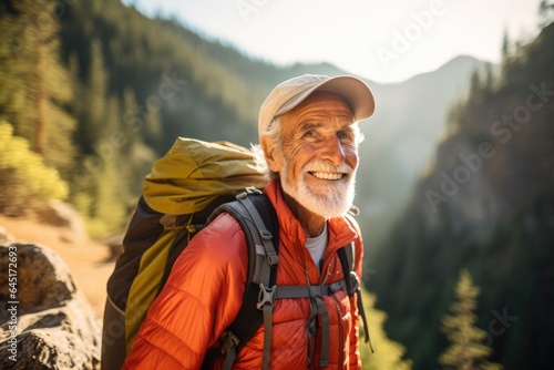 Smiling portrait of a happy senior man hiker hiking in the forests and mountains