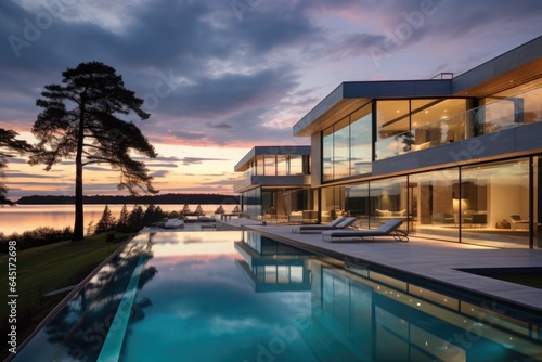 Modern luxury house or villa with an infinity pool overlooking a beatiful view of the ocean and sky © NikoG