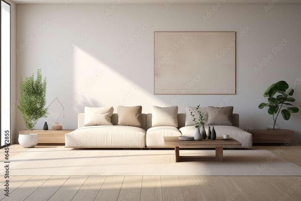 Cozy living room in a modern nordic designed home with plenty of natural light - obrazy, fototapety, plakaty 