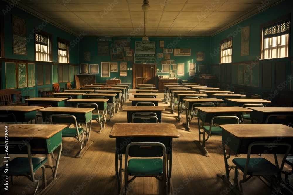 Empty Classroom with white floor. High school. Generative AI