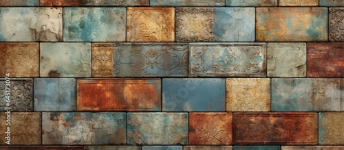 Multicolored rustic digital tile decor for the home interior, with heavily mixed wall art design, suitable for wallpaper, linoleum, textiles, or background.