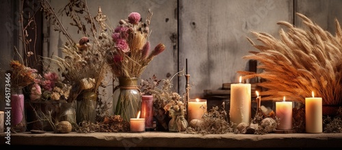 Candles and dried flowers used for rustic interior d   cor.