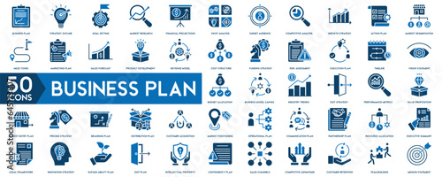 Business Plan icon set. Banner plan concept. Containing planning, schedule, strategy, analysis, tasks, goal. Action plan banner web icon vector