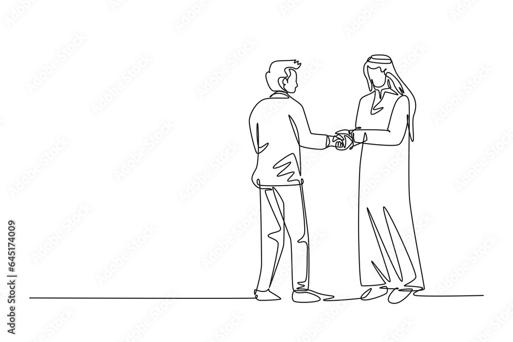 Single one line drawing businessmen handshaking his Arabian business partner. Great teamwork. Business project deal cooperation concept. Modern continuous line draw design graphic vector illustration