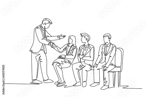 Continuous one line drawing company manager meet and handshaking employee candidates while sitting on chair to take job interview at front office. Single line draw design vector graphic illustration