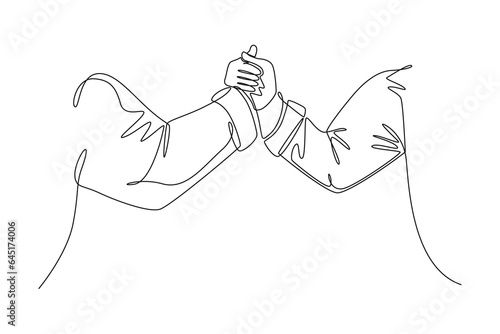 Continuous one line drawing hand of two businessmen gesture handshaking his business partner. Great teamwork. Business deal or cooperation concept. Single line draw design vector graphic illustration