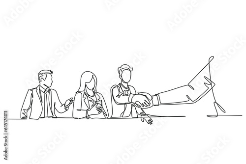 Single one line drawing happy business woman and businessman handshaking their business partner. Great teamwork. Business deal concept. Modern continuous line draw design graphic vector illustration
