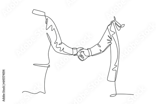 Single one line drawing of hand businessmen gesture in suite handshaking his business partner. Great teamwork. Business deal cooperation. Modern continuous line draw design graphic vector illustration