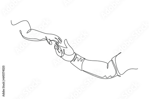 Single continuous line drawing gesture of father giving hand to his child. Parenting motherhood loving care. Happy and love family parental concept. Dynamic one line draw graphic vector illustration