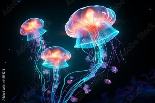 Magic mushrooms in the forest at night. 3d render illustration. © Creative