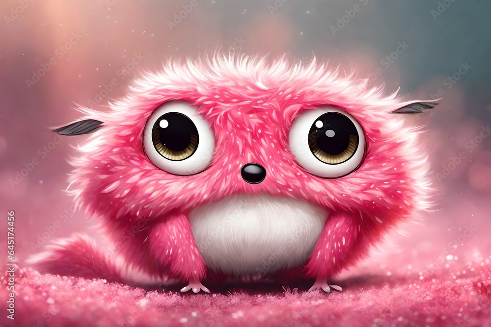 A small, furry creature with big, bright eyes. It has a round, soft body with short legs and small wings. Its fur is bright pink, with white spots. The creature is smiling and looks very happy