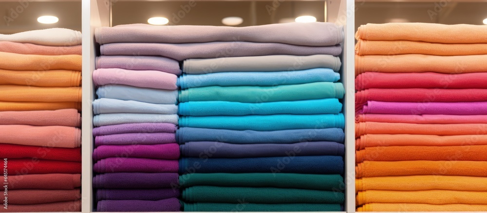 Assorted towels on store shelves, representing shopping and commerce.