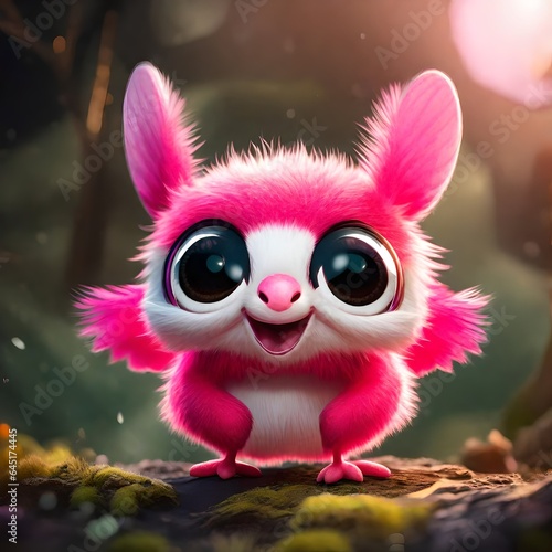 A small, furry creature with big, bright eyes. It has a round, soft body with short legs and small wings. Its fur is bright pink, with white spots. The creature is smiling and looks very happy