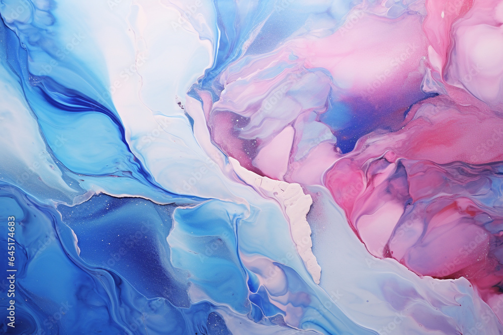 Abstract background of acrylic paint in blue, pink and white tones.