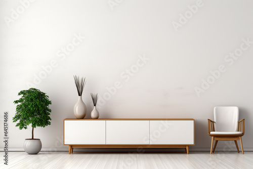 Interior of modern living room with white walls, concrete floor, brown sofa and coffee table. 3d rendering