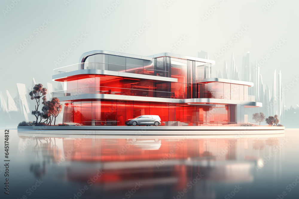 Naklejka premium 3d rendering of modern and cute cozy house with garage and pool for sale or rent with beautiful landscaping on background.