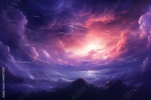 Fantasy landscape with storm clouds and sun. 3D illustration.
