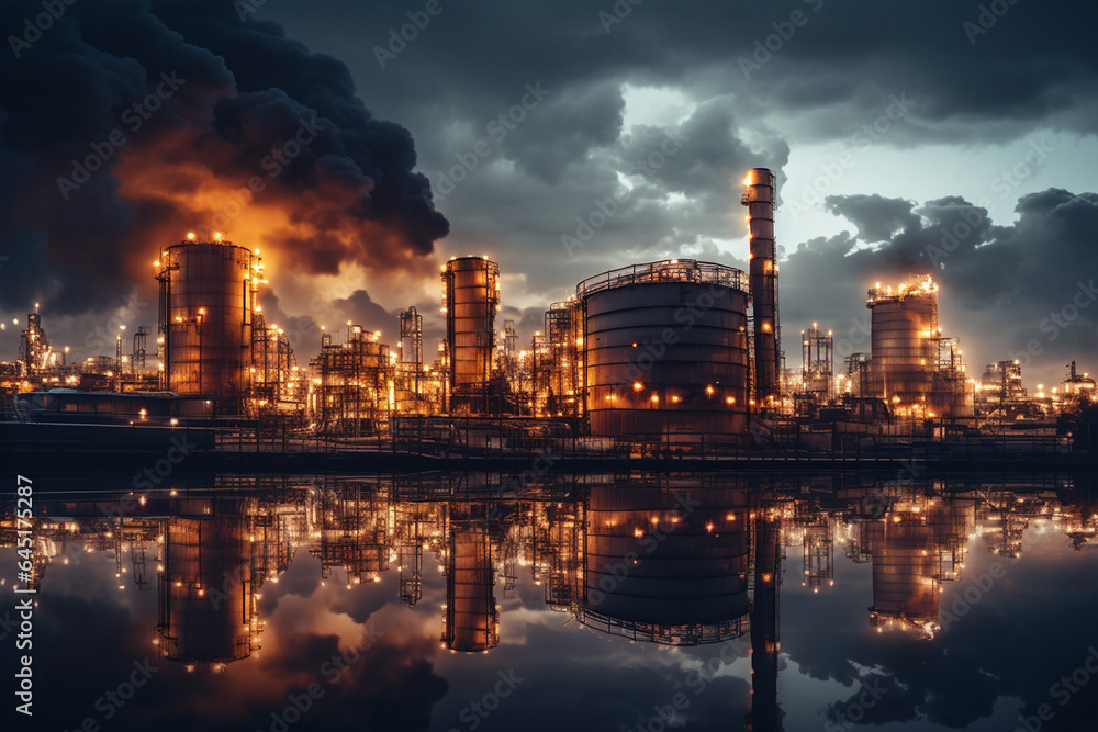 Refinery plant with smoke at night. Toned image, toned