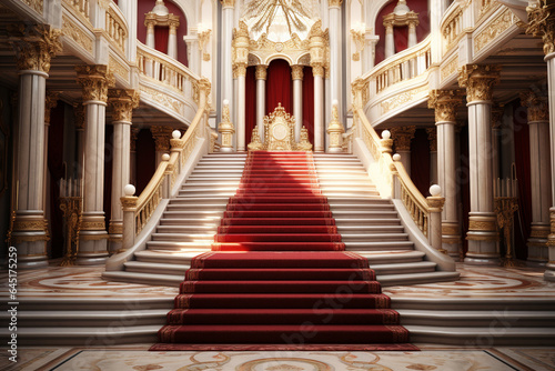 Interior of royal palace with red carpet and stairway, 3d render