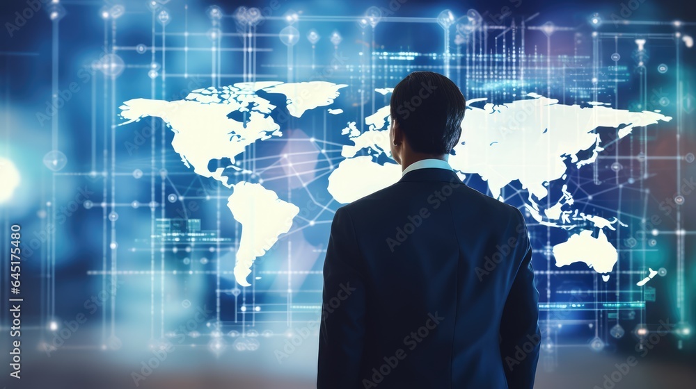AI generated 3d image of businessman holding world model with a global network light field hologram technology background. AI generated 3d image of businessman holding world model with a global network light field hologram technology background.