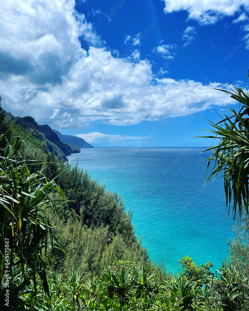 beautiful blue ocean and green hills in Kauai