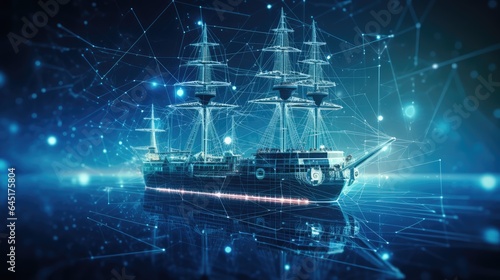 AI generated 3d image of commercial cargo ship with a hologram technology screen background. 