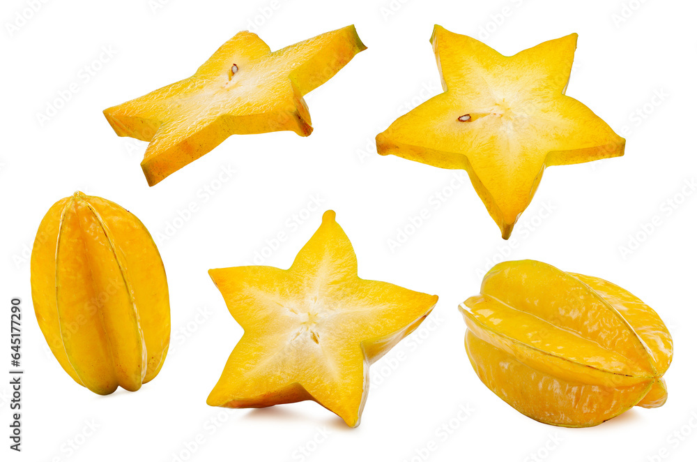 fresh starfruit with slices isolated on a white background. fresh starfruit with slices isolated on a white background.