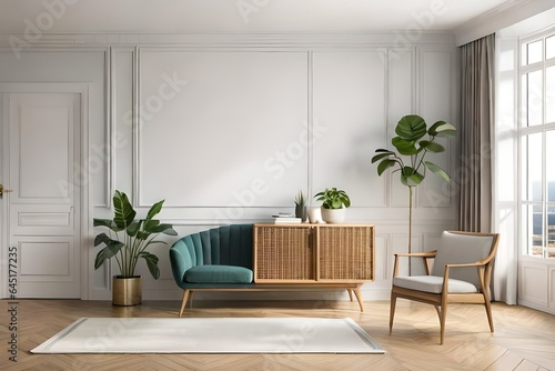 Living room wall mockup in warm interior with wooden slat curved sideboard  trendy green plant in basket and wicker lantern on blank white background. 3D rendering  illustration. Modern living room