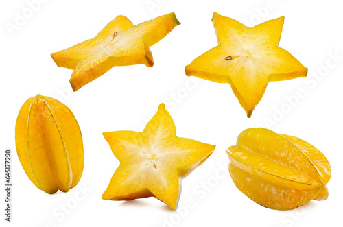 fresh starfruit with slices isolated on a white background. photo