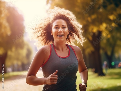 Portrait of Plus Size Female Jogger Runner Taking in Green Park During Race. Running is great way to lose weight and prevent depression . Mental health day. Generative Ai content