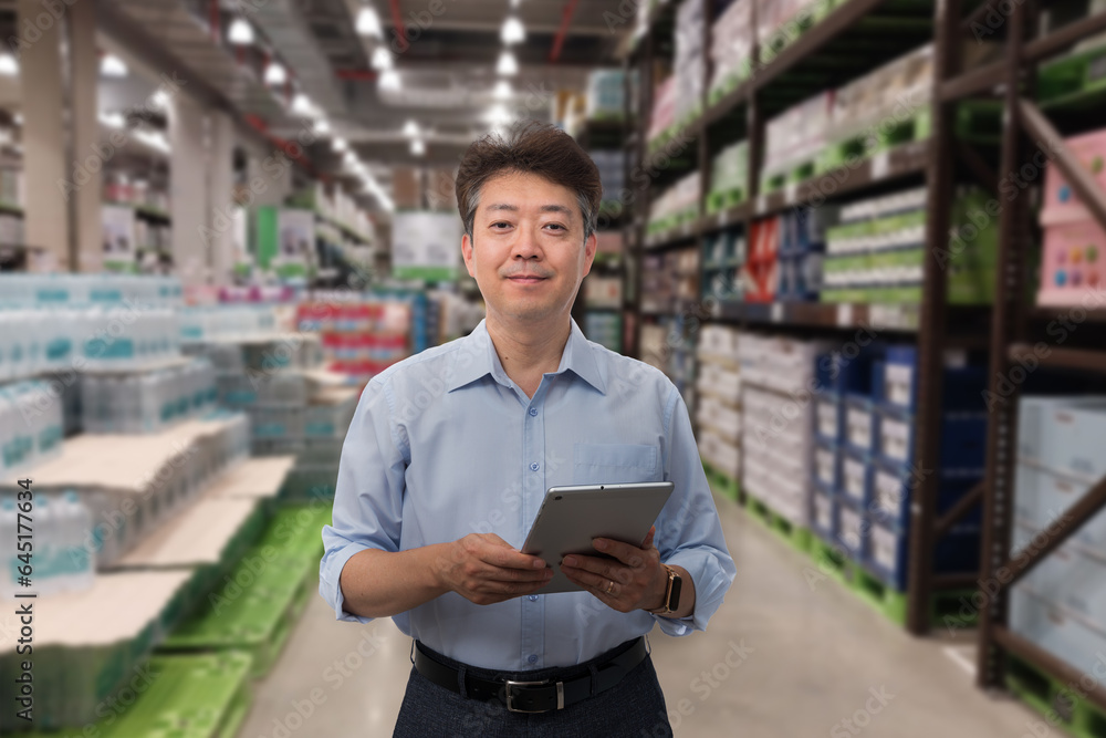 a middle-aged Asian businessman holding a tablet at a warehouse full of goods