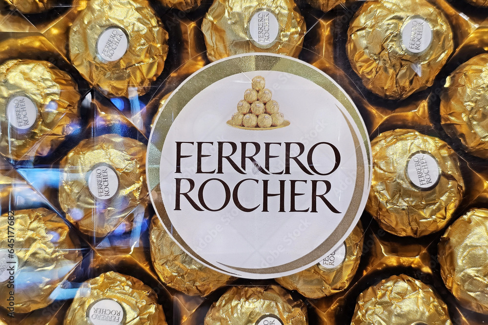 BANGKOK, THAILAND SEPTEMBER 07, 2023 Ferrero Rocher label on the Box