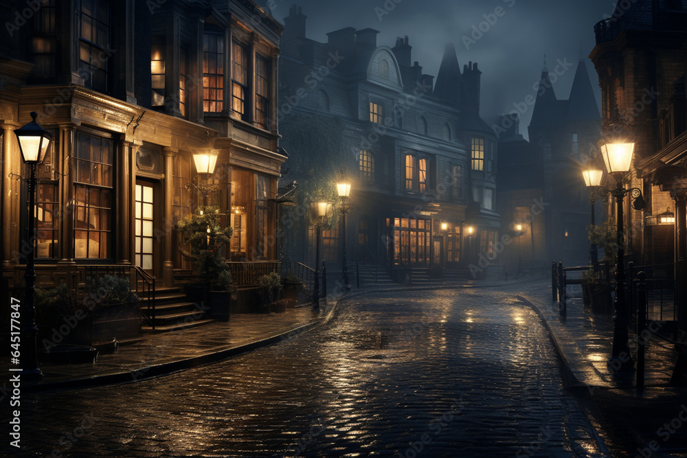 Old town street at night with fog and lights, Bruges, Belgium - obrazy, fototapety, plakaty 