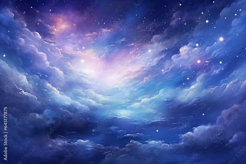 Sky clouds fantasy background with stars and nebula. Vector illustration.