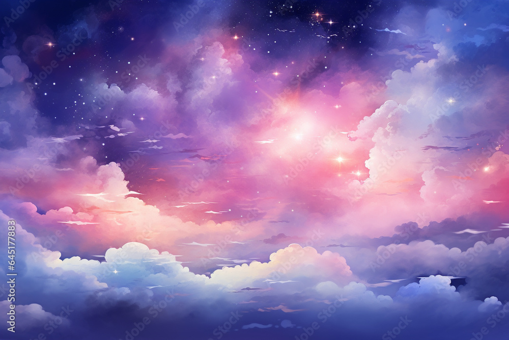 Sky clouds fantasy background with stars and nebula. Vector illustration.