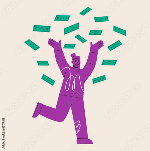Happy woman throwing money in the air. Achieved financial success. Colorful vector illustration