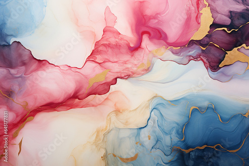 Abstract background with blue, pink and yellow watercolor stains. Alcohol ink texture.