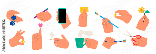 Various hands holding things. Different gestures. Colorful flat vector illustration isolated on white background