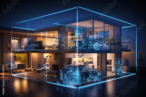 3d rendering of a smart house with a map on the screen