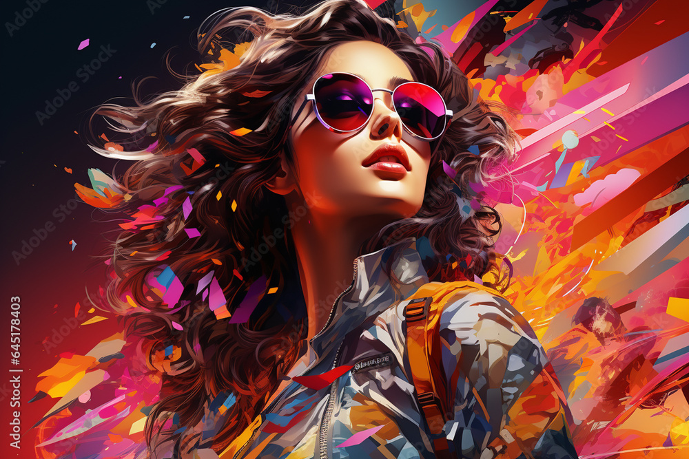 Obraz premium Portrait of a beautiful fashionable woman with curly hair and sunglasses.