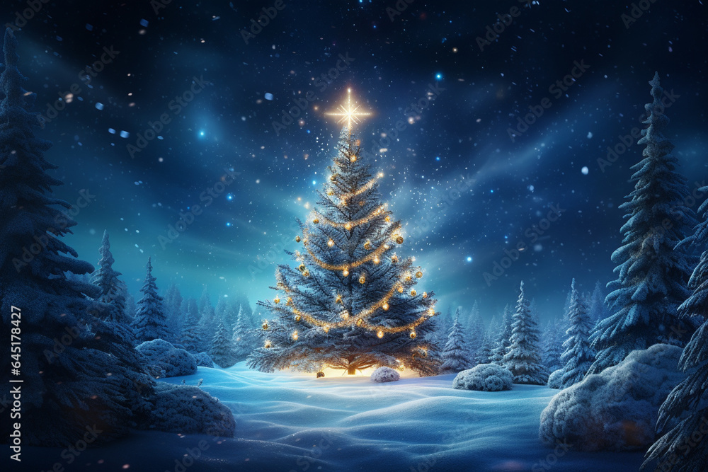 Christmas tree in winter forest with snowflakes. Christmas background.