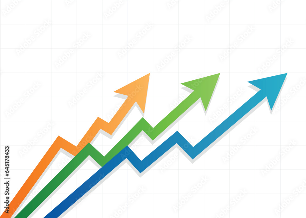 3 multicolor arrows going up represent business race competition, profit, progress, grow, stock price up trend