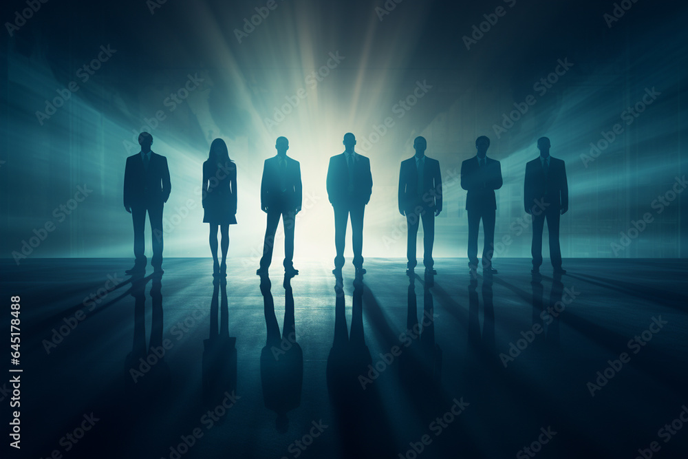 Silhouettes of business people standing in front of a bright light Silhouettes of business people standing in front of a bright light