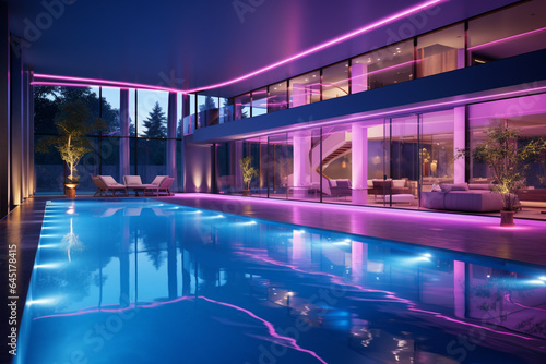 Swimming pool with neon lights at night. 3D rendering. © Creative