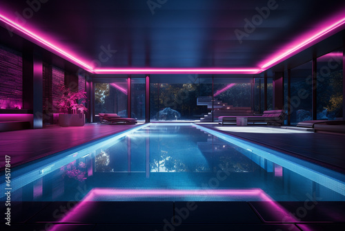 Swimming pool with neon lights at night. 3D rendering.