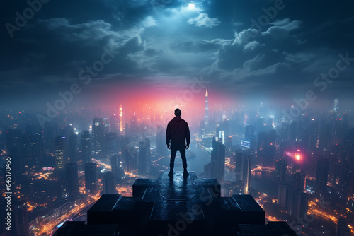 Silhouette of businessman standing on top of skyscraper and looking at night city