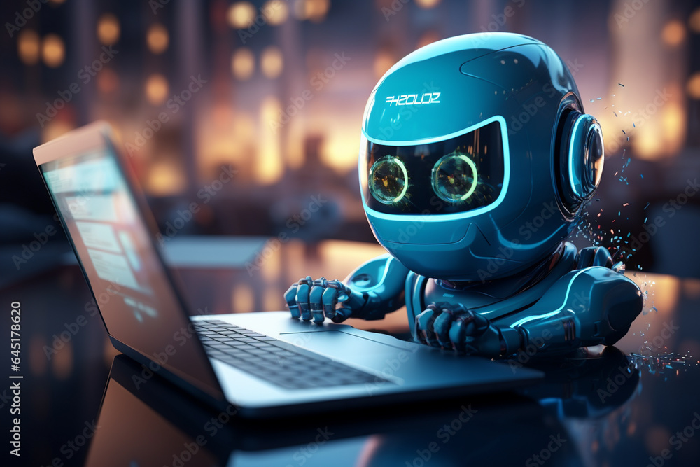 Cute Robot working on laptop with heart icon. 3d illustration. Cute Robot working on laptop with heart icon. 3d illustration.