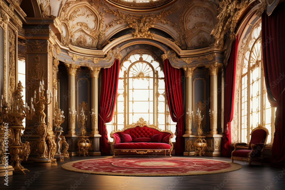 Luxury royal interior of royal palace with red velvet sofa and gold walls