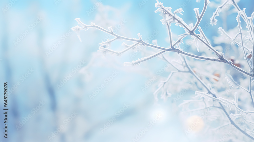A White beaytiful winter Christmas blurres background. Winter atmospheric natural landscape with frost - covered dry branches during snowfall.
